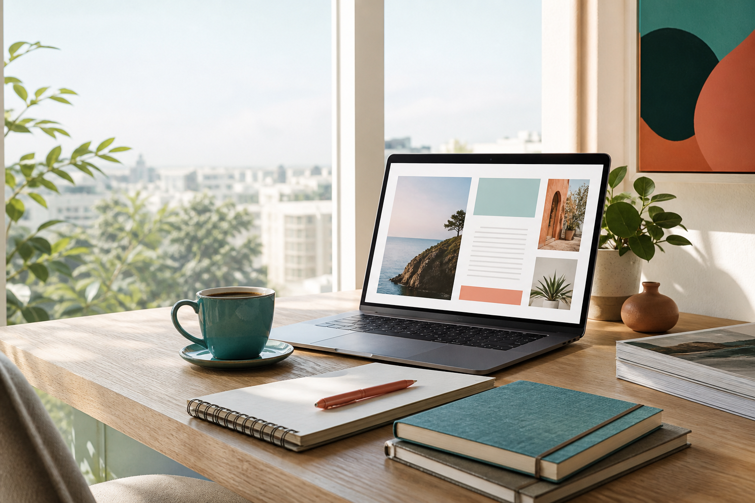 A sunlit editorial workspace with a laptop, notebooks, and magazines.
